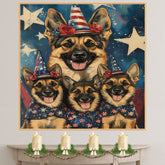 German Shepherd Mother and Puppies in Patriotic Hats and Bows with Starry Background and American Flag Outfits on Ready to Hang 1.5" Thick Canvas Wrap, Floating Framed Canvas, Flat Rolled Canvas